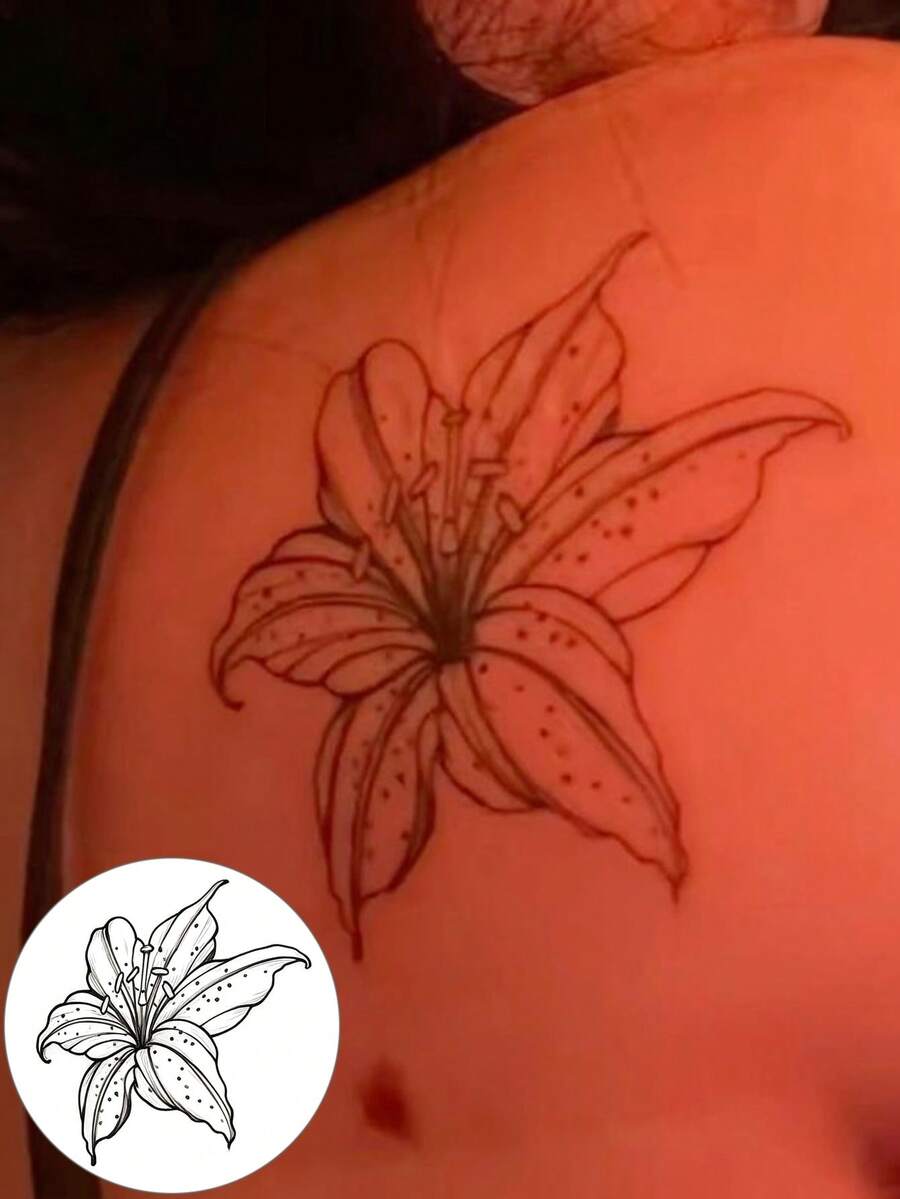 Lily Flower Temporary Tattoos Waterproof Long Lasting Fake Body Art Stickers Fine Line Botanical Sketch Floral Design Aesthetic Tattoo For Shoulder Back Women Adults