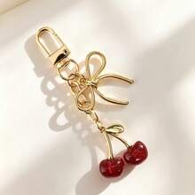 1pc Unisex Red Cherry Keychain Fashion Design Bow Pendant Luxury Style Exquisite Bag Key Chain Pendant - Multicolor - View 3