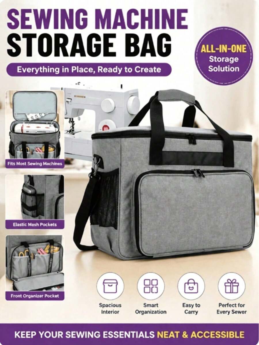 Random Style & Color One Large-Capacity Thick Fabric Sewing Machine Storage Bag With Elastic Mesh Pocket, Portable Carry Case For Brother, Singer, And Other Home Sewing Machines-Craft Supply Storage Bag - Multicolor - View 1