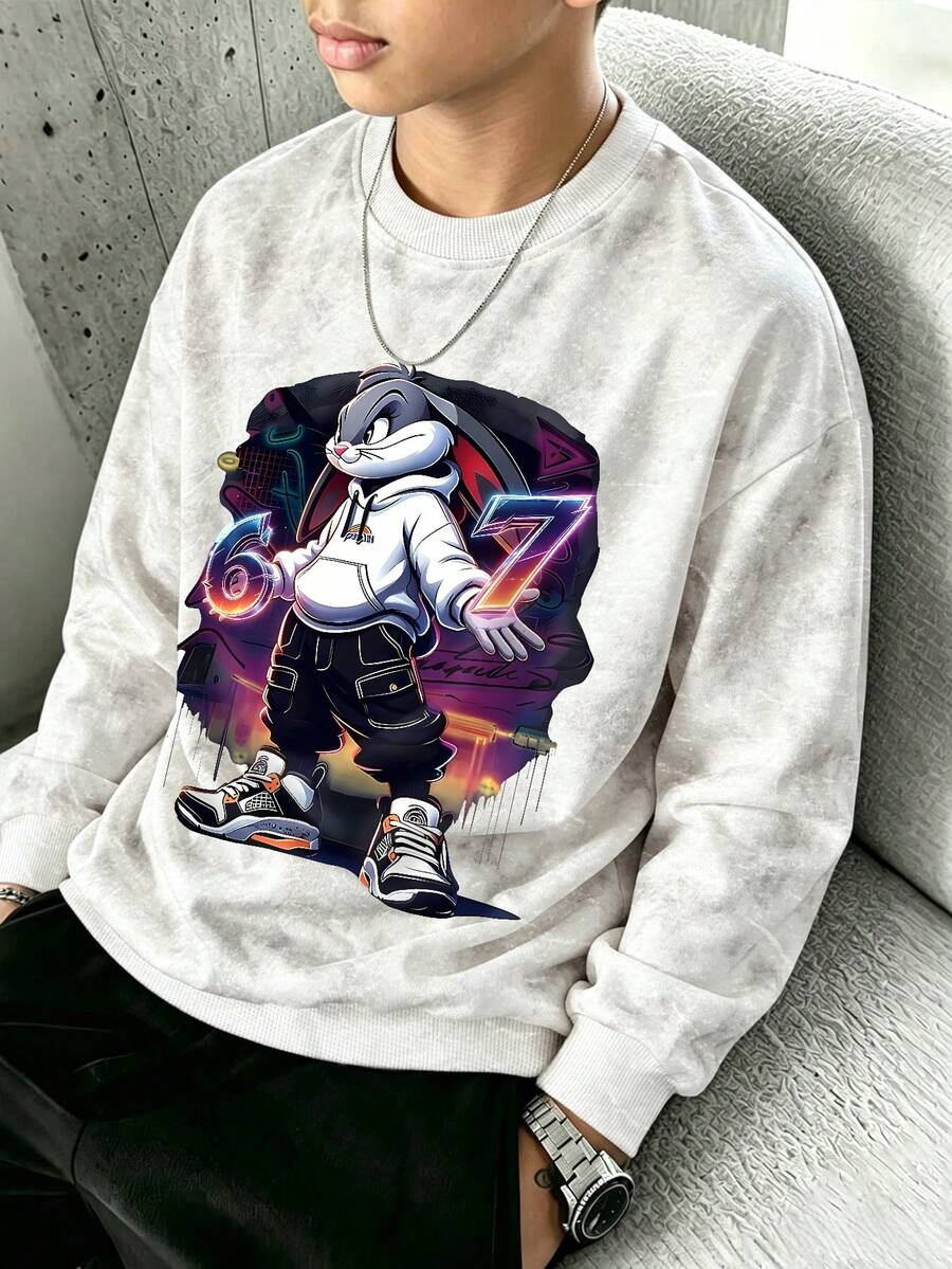 Street Hip-Hop Style Boys Crew Neck Sweatshirt, Cool Cartoon Rabbit Number Print Washed Tie-Dye Loose Pullover Kids Top, Spring/Autumn - White - View 1