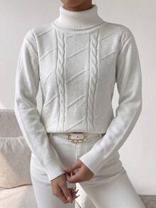 Teen Girls Minimalist Outdoor Knit Sweater Street Slouchy Casual High Neck Pullover - White - View 2