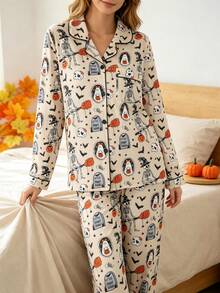 2pcs Women's Casual Long Sleeve Pajama Set, Lapel Long Sleeve Cardigan And Comfortable Pants, Ghost Skeleton Halloween Pattern, Suitable For All Seasons, Halloween Holiday Party Pajama Set - Apricot - View 7