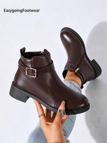 Women's British Style Round Toe Ankle Boots, Metal Buckle Side Zipper, Breathable Lining, Chunky Heel Comfortable, Versatile For Multiple Occasions - Coffee Brown - View 2