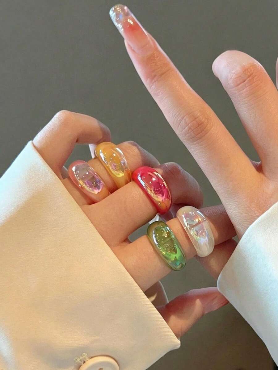 時尚圓形幾何樹脂大尺寸戒指套組,女士派對珠寶 - 5件B款 - 查看 1