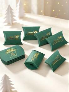 12PCS/Green Christmas Pillow Paper Boxes Gold Hot Stamping 4.53x2.76 Inch Xmas Candy Gift Box 6 Designs Holiday Party Favor Small Present Packaging Box - View 10