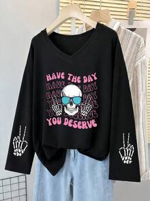 Plus Size V‑Neck Long Sleeve T‑Shirt, Skeleton Hand Letter Graphic Print Loose Casual Tee For Curvy Women - Black - View 12