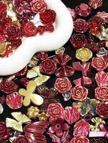 Sekantong Es Warna Emas Solid dengan Mawar Merah Tua Campuran Desain, Casing Ponsel DIY, Kalung, Anting, Aksesoris Fotografi, Kartu, dll. - MultiWarna - View 7