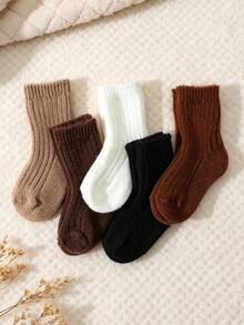 5 Pairs Baby & Kids Solid Color Thermal Lined Knitted Socks, Winter Socks, Thickened Warm Mid-Calf Socks, Multiple Colors, Suitable For Autumn/Winter - Multicolor - View 6