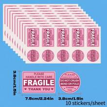 100pcs/10sheets Pink Fragile Stickers, Labeled "Caution" And "Thank You", With Permanent Adhesive, Suitable For Moving, Shipping, Packaging And Other Scenarios. Size 3"X2", School Supplies Category. - Cartoon - View 3