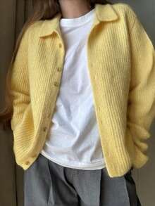 EAVA Autumn Winter Pastel Yellow Sweater Lapel Neck Button Front Knitwear Ribbed Cardigan Coat Slouchy Quiet Luxury Casual Pullover - Yellow - View 2