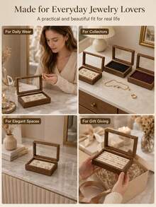 1PC Jewelry Organizer Box For Women, Brown Wood Grain Jewelry Storage Case With Clear Display Lid & Magnetic Closure, Multi-Slot Ring Earring Holder For Vanity Dresser Bedroom Home Decor Gift - Multicolor - View 5
