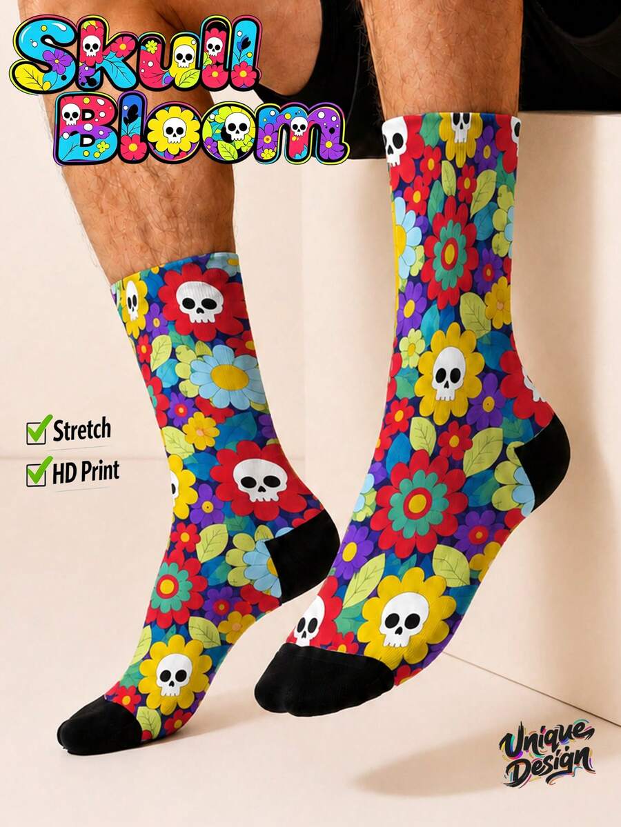 Cool 360° Printed Men's Socks - Streetwear Socks,Skeleton Flower,Butterfly Mushroom,Colorful,Funny Socks, Fit Daily, Holiday & Party Occasions - Multicolor - View 1