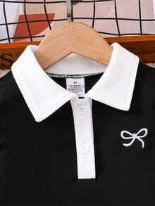 Girls' Autumn Long Sleeve Dress, Bow Embroidery Collar Casual Minimalist Preppy Style, Suitable For 4-8Y - Black - View 3