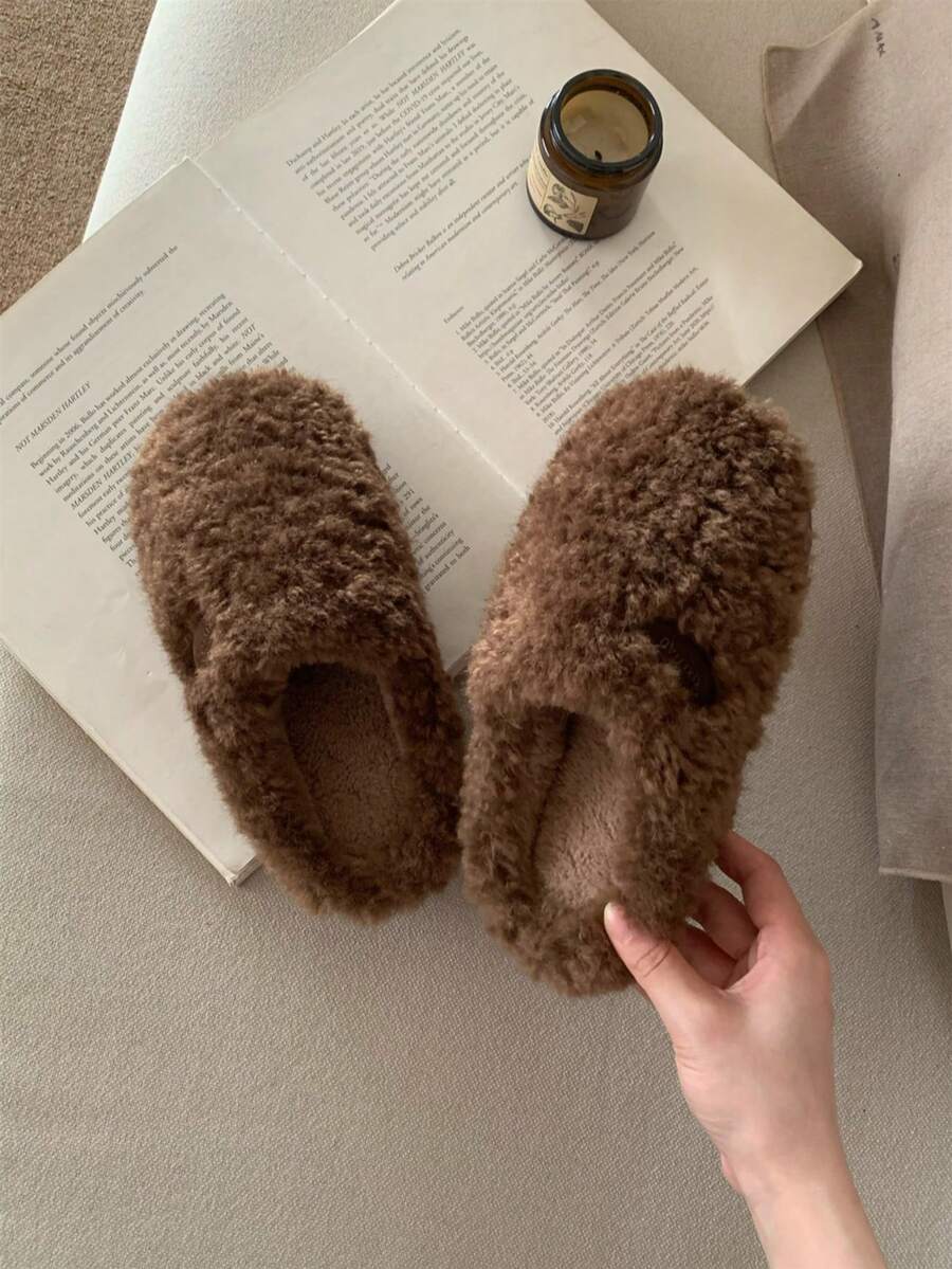 XIXITIAO Minimalist Solid Color Winter Warm Slippers, Couples Cozy Fuzzy Home Shoes For Men & Women - Brown - View 1