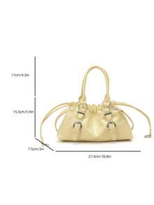 Solid Color Glossy Leather Shoulder Bag, Ruched Drawstring Design, Short Top Handle And Detachable Crossbody Strap, Flexible Switching Between Handheld And Crossbody, Ample Interior Space To Store Phone, Lipstick, Powder, Earphones And Other Daily Essentials, Suitable For Daily Shopping, Commuting, Work, Dating And Travel - Yellow - View 2