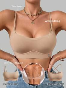 Women's Seamless Spaghetti Strap Bra, U-Shaped Low Back Invisible Shaping Cup Bandeau, Breathable Push-Up Half Cup Wire-Free Lingerie, Suitable For Daily Wear - Khaki - View 10