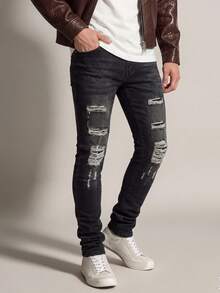 Men's Vintage Black-Grey Gradient Washed Slim Fit Stretch Denim Jeans, Multi-Layer Horizontal Distressed Ripped With White Frayed Details, Classic 5-Pocket Casual Denim Jeans - Black - View 4