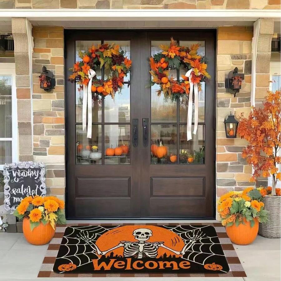 GEL HUT MUN Halloween Skeleton Welcome Door Mat InchSpooky Skull Doormat Indoor Outdoor Entrance FloorMats Non-Slip Washable Halloween Decor Rugs Halloween Doormats - B - View 1