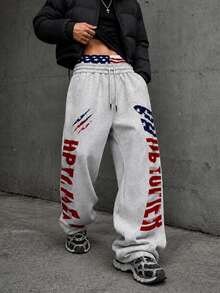 Modcrash Men's Double Waistband Printed Loose Sweatpants, Drawstring Elastic Waist Wide Leg Casual Street Style Joggers, Suitable For Daily Wear - Light Grey - View 3