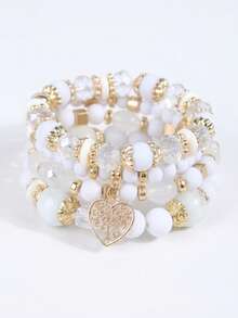 4pcs/Set Round Bead Heart Bracelet, Clean And Soft, Suitable For Bohemian Style Dressing, Short Trips, Holiday Shopping And Styling - White - View 5