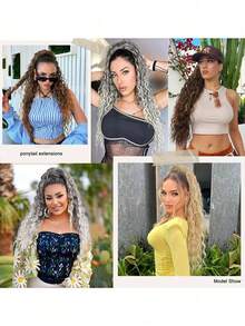 28 Inch Long Wavy Clip-In Ponytail, Multi-Layer Synthetic Heat-Resistant Wig, Curly Wavy Heat-Resistant Fiber Wig Easy To Wear. Black And Brown Long Hair Accessories, Suitable For Party And Daily Styling, Fit For All Women. - Gray Ombre - View 7
