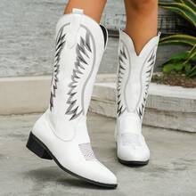Women's Classic Black Leather Western Cowboy Boots With Silver Embroidery Pointed Toe Low Heel - White - View 14
