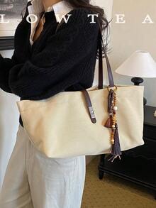 low tea 1pc Minimalist Square Canvas Shoulder Bag Suitable For Commuting, Shopping, Etc. (With Pendant) - White - View 12