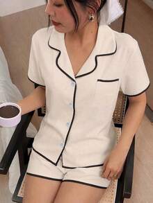 Dreamivo 2pcs Women's Comfortable Solid Color Short Sleeve Lapel Top And Bowknot Shorts Pajama Set, Spring/Summer - White - View 4