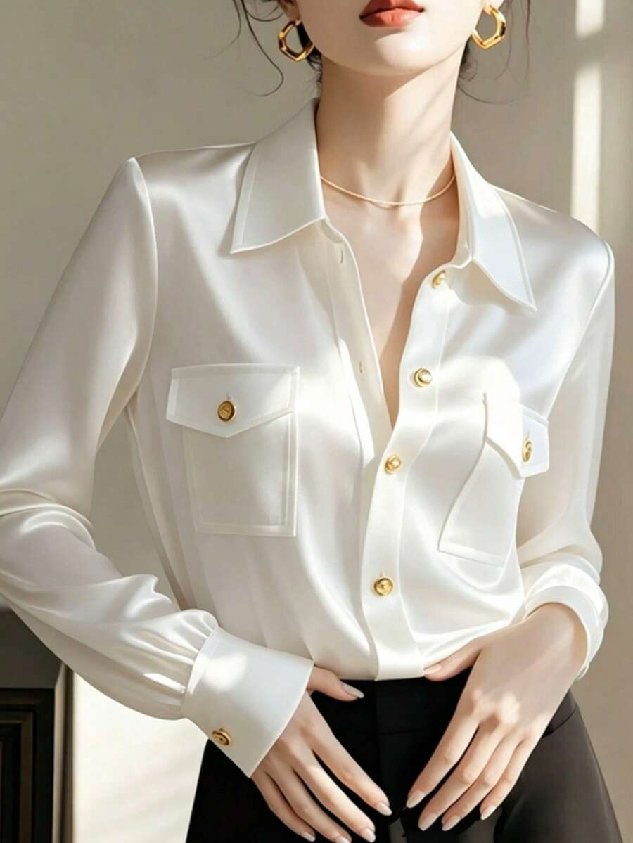 Women's Autumn Solid Color Satin Front Button Pocket Office Blouse White - White - View 1