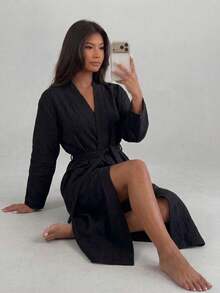 Women's Summer Robe, 100% Pure Cotton, Casual Loungewear, Loose Comfortable Morning Robe, With Pockets And Belt, Comfortable Set, Bathroom, Summer Autumn Winter Bathrobe - Black - View 3