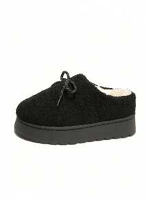 Thick Sole Suede Bowknot Decor Closed-Toe Slippers With Thermal Lining Slip-On Fuzzy Slippers Round Toe Snow Boots - Black - View 8