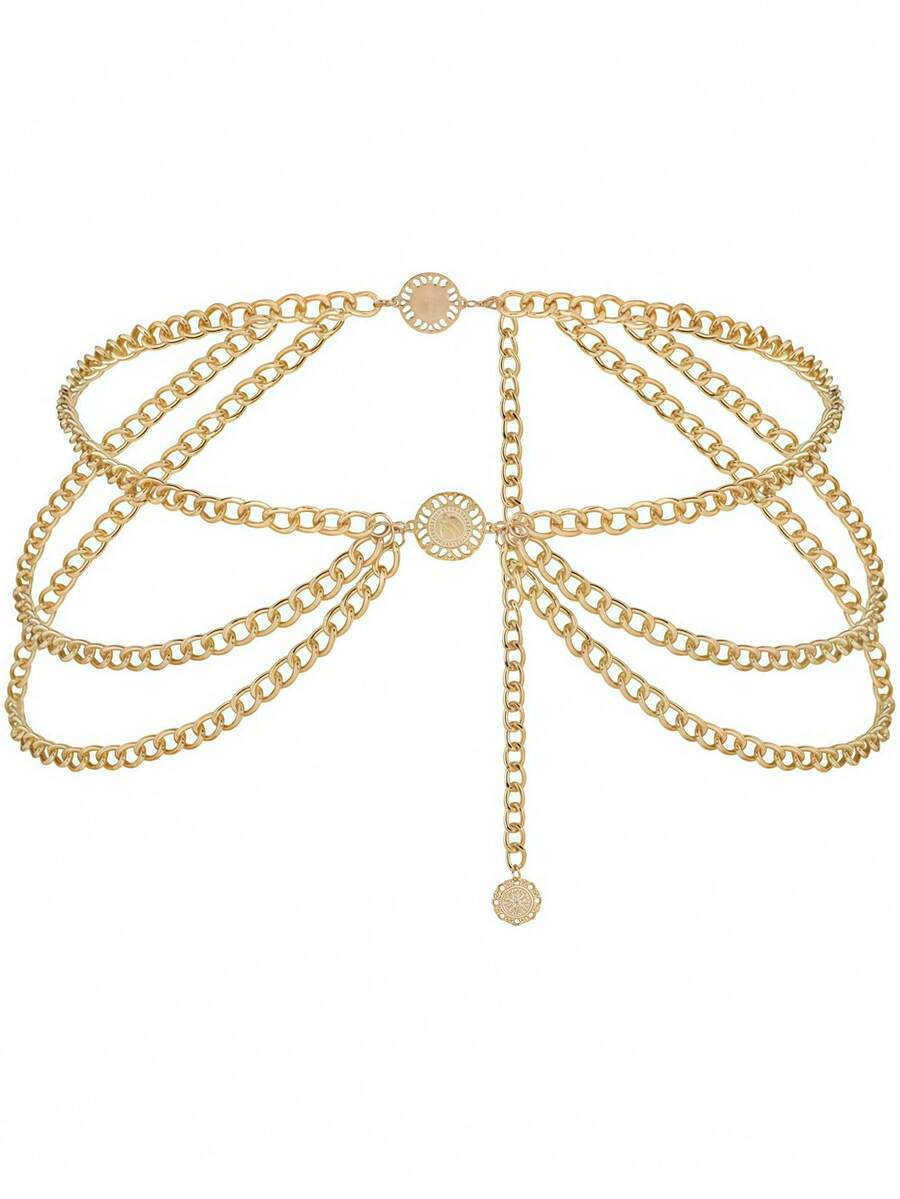 1pc Women's Minimalist Multi-Layer Round Pendant Waist Chain, Elegant Versatile Dress Belt, Daily And Party Accessory - Gold - View 1
