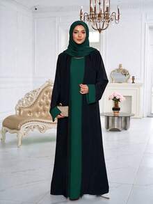 Contrast Color Open Front Abaya Set With Matching Hijab, Flare Sleeve Elegant Muslim Long Robe, Dubai Style Islamic Outfit - Multicolor - View 9