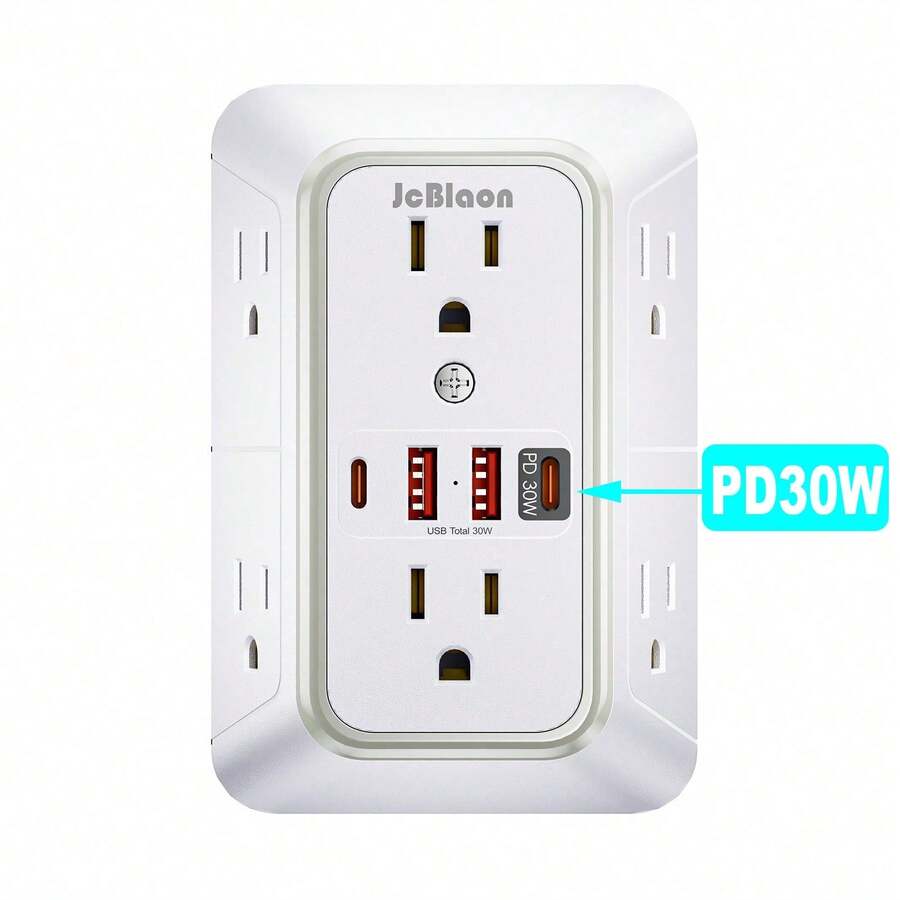 30W PD 快充牆上插座,多孔插座防突波電源接線板,含 6 個插孔分接器與 4 個充電埠 (PD30W),適用居家、旅行、辦公室的牆上擴充插座 - 白色 - 查看 1