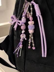 Personalized Butterfly Heart Shaped Pendant With Braided Lanyard, Suitable As Car Key Charm And Bag Accessory, Outfit Accent - Mauve Purple - View 3