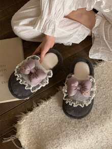 XIXITIAO Cute Lace Ruffle Bow Slippers, Closed‑Toe Fuzzy Warm House Shoes, Soft Sole Cozy Indoor Slippers - Grey - View 3