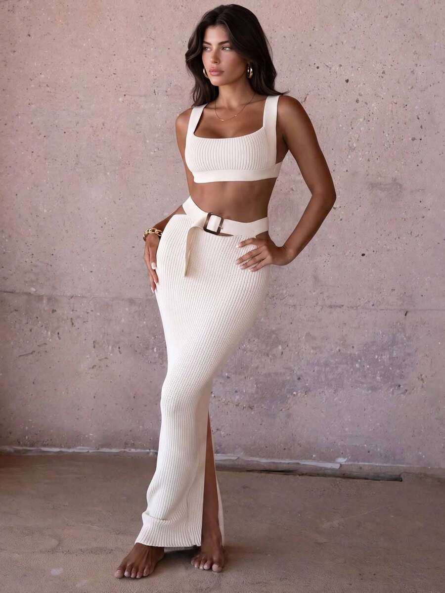 Solid Color Lace-Up Backless Cropped Knit Top And Waist Tie Hollow-Out Knit Skirt Set Summer - Apricot - View 1