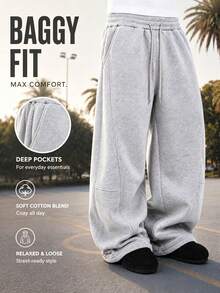 Men's Solid Color Drawstring Waist Pockets Casual Loose Fit Sports Sweatpants, Knitted Fabric Athletic Long Pants - Light Grey - View 1