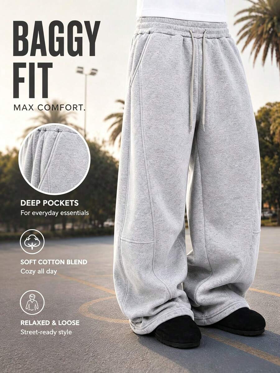 Men's Solid Color Drawstring Waist Pockets Casual Loose Fit Sports Sweatpants, Knitted Fabric Athletic Long Pants - Light Grey - View 1