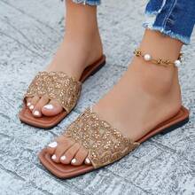 Women's Rhinestone Embellished Hollow-Out Mesh Pattern Square Toe Open Toe Single Strap Flat Slide Sandals, Luxury Vacation Style Summer Leather Slippers - Brown - View 7