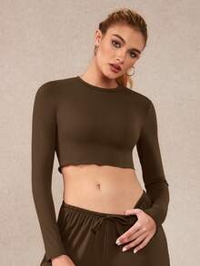 NcmRyu Women's 1pc Solid Color Frill Trim Round Neck Cropped Slim Fit Long Sleeve Sports Top, Autumn/Winter - Brown - View 6