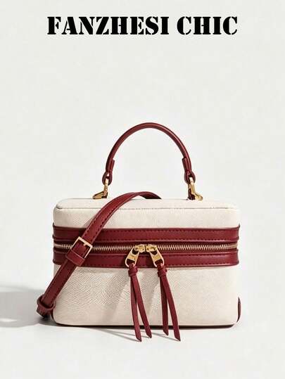 Tas Tangan Kotak Prancis Vintage Portabel dengan Resleting Ganda dan Rumbai, Tali Bahu yang Dapat Diatur, Tas Selempang Kecil untuk Wanita, Cocok untuk Perjalanan Sehari-hari, Kencan, dan Aktivitas Luar Biasa. Tas Persegi Pendek Estetik Niche Terlaris