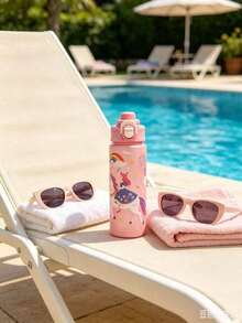 1pc 650ml Cartoon Frosted Sports Water Bottle, Silicone Straw, Leak-Proof Portable Plastic Drinking Cup, Suitable For Children School Outdoor Sports - Pink - View 2