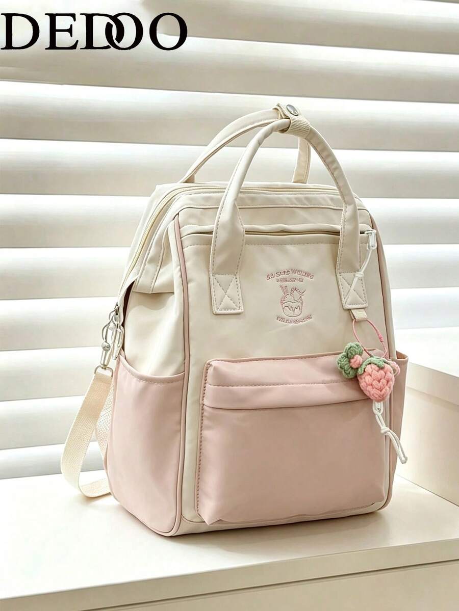 Dedoo Women's Dual-Color Tote Backpack, Waterproof Nylon Fabric, Large Capacity Lightweight Storage, Suitable For School Back To School Season Daily Use All Year Round - Pink - View 1