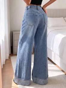 Mid-Waist Wide Leg Jeans With Waist Adjustment Buckle, Rhinestone Rolled Hem, Light Wash Loose Fit Casual - Medium Wash - View 3