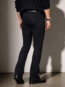 Men Solid Black Slim‑Fit Flare Jeans Frayed Raw Hem Stretch Denim Pants Y2K Streetwear Daily Wear - Black - View 5