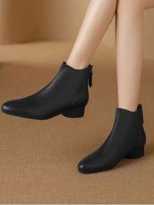 Women's British Style Pointed Toe Chunky Heel Ankle Boots, Minimalist Mid-Heel Slim Chelsea Boots, Suitable For Students - Black - View 1
