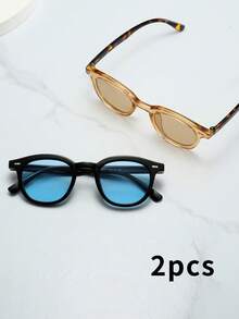 2pcs Unisex PC Material Oval Small Frame Premium Minimalist Fashion Glasses, Suitable For Party, Casual, Travel, Vacation, Beach, Daily Wear - 2-piece Combo Pack (Tea Tea 10 Black/Blue) - View 3