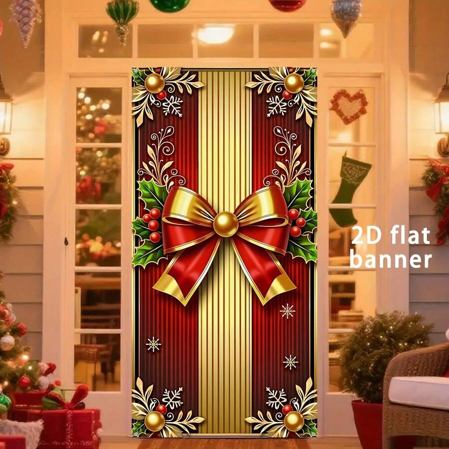 1pc 2D Flat Christmas Door Banner, Elegant Red And Gold Bow Design Porch Hanging Door Decor - Christmas Bow - View 1