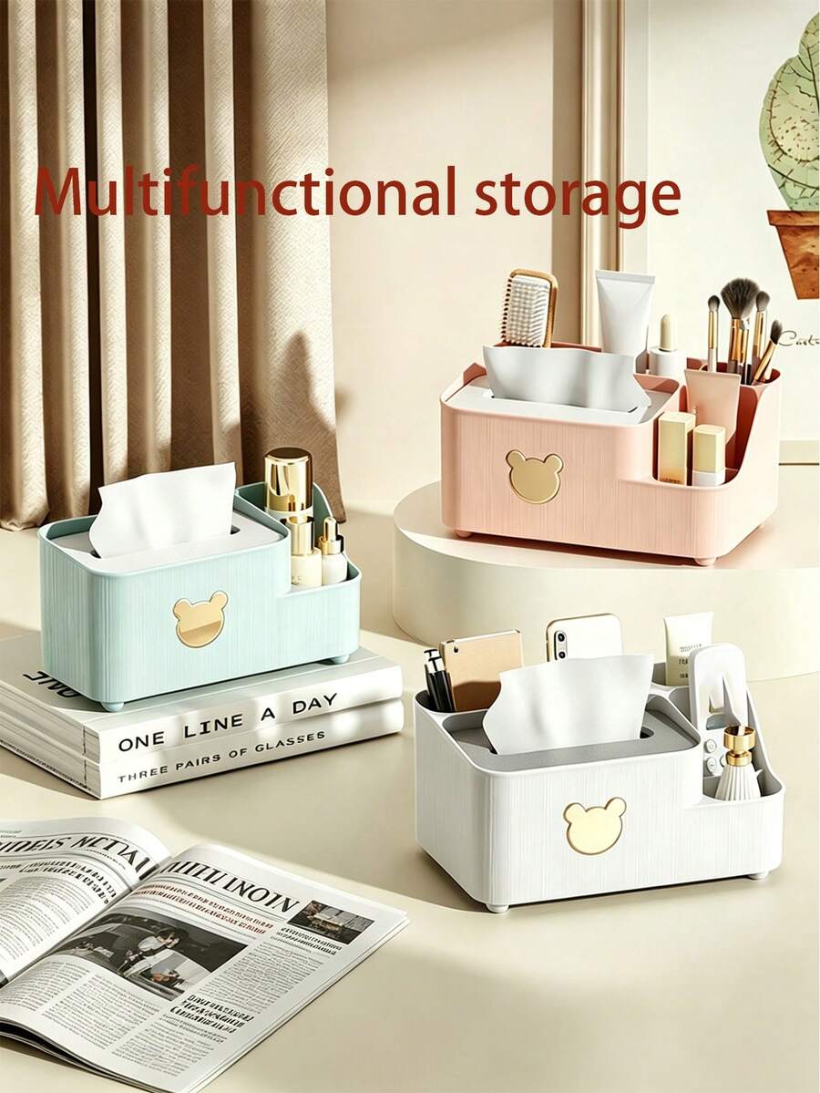 1 pieza Caja de pañuelos multifuncional con diseño de oso de dibujos animados & Caja de almacenamiento de artículos pequeños, adecuada para sala de estar, mesa de café, baño, tocador, mesita de noche, dormitorio, oficina, cocina y otros espacios de almacenamiento del hogar. Accesorio de decoración del hogar.